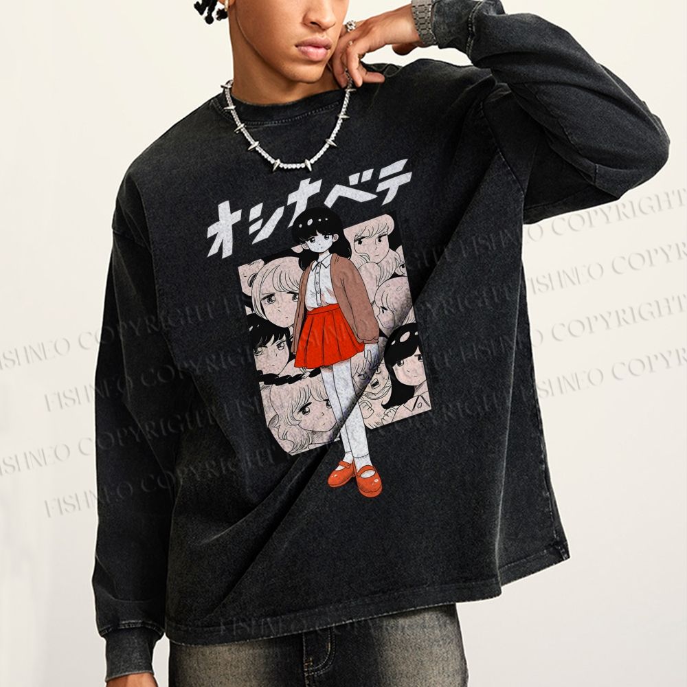 Unisex Casual Washed Japanese Girl Anime Printed Long Sleeve T-shirt