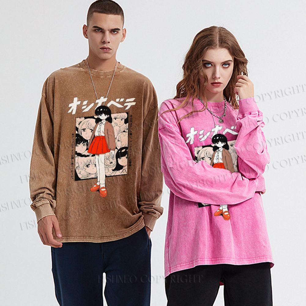 Unisex Casual Washed Japanese Girl Anime Printed Long Sleeve T-shirt