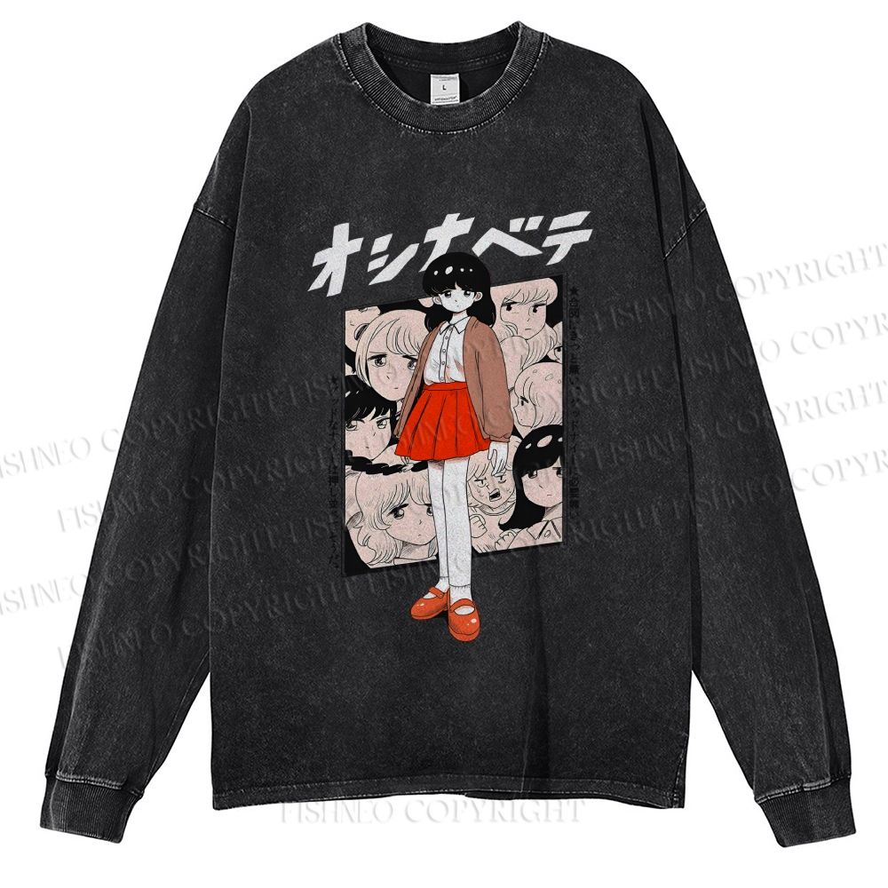 Unisex Casual Washed Japanese Girl Anime Printed Long Sleeve T-shirt
