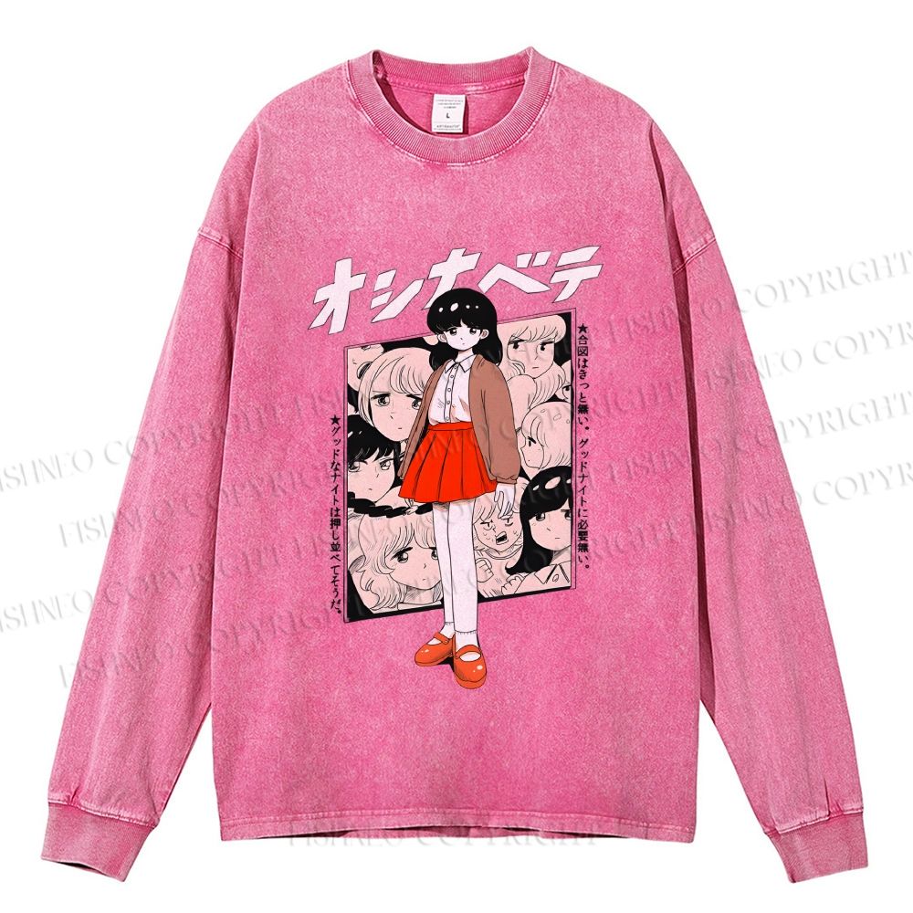 Unisex Casual Washed Japanese Girl Anime Printed Long Sleeve T-shirt
