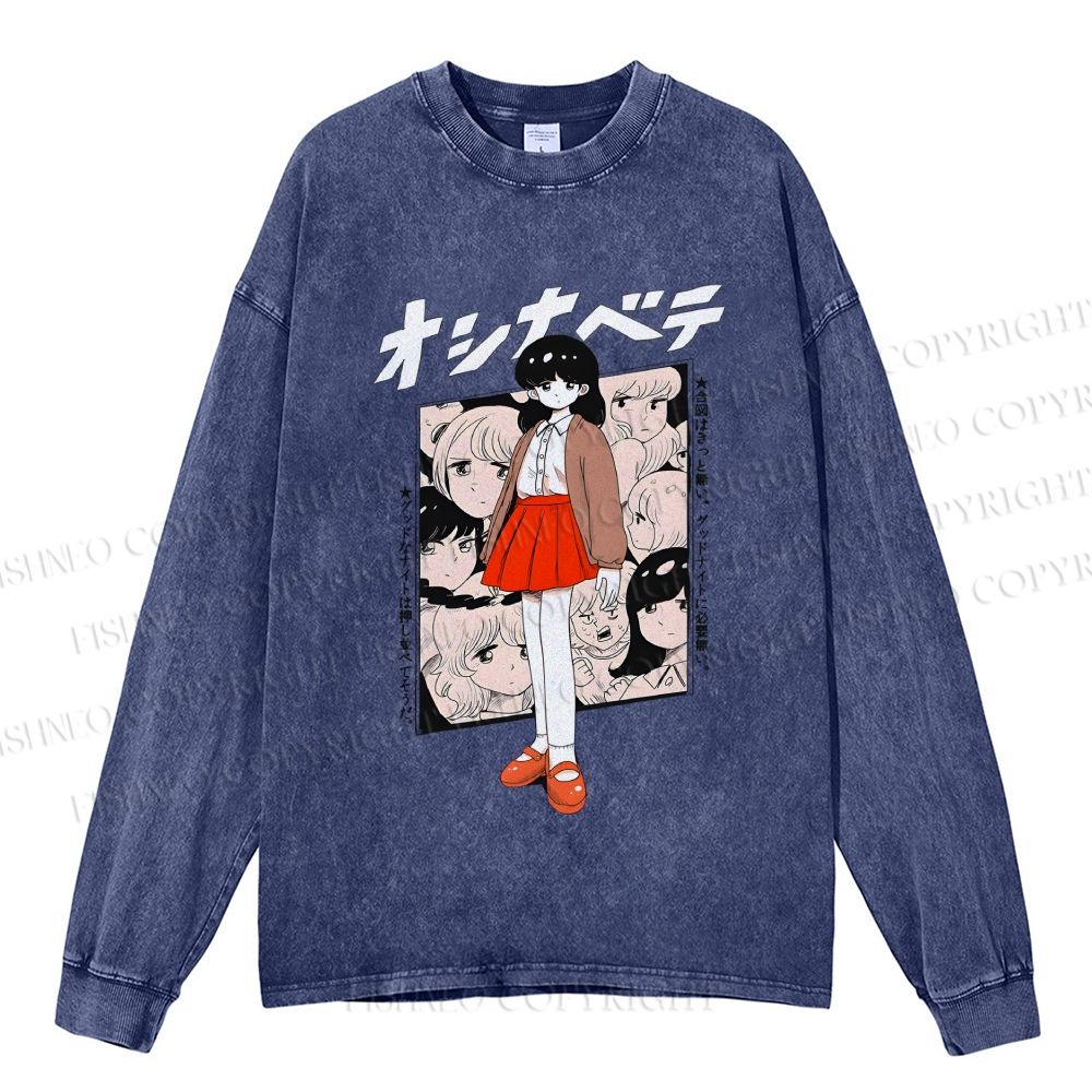 Unisex Casual Washed Japanese Girl Anime Printed Long Sleeve T-shirt