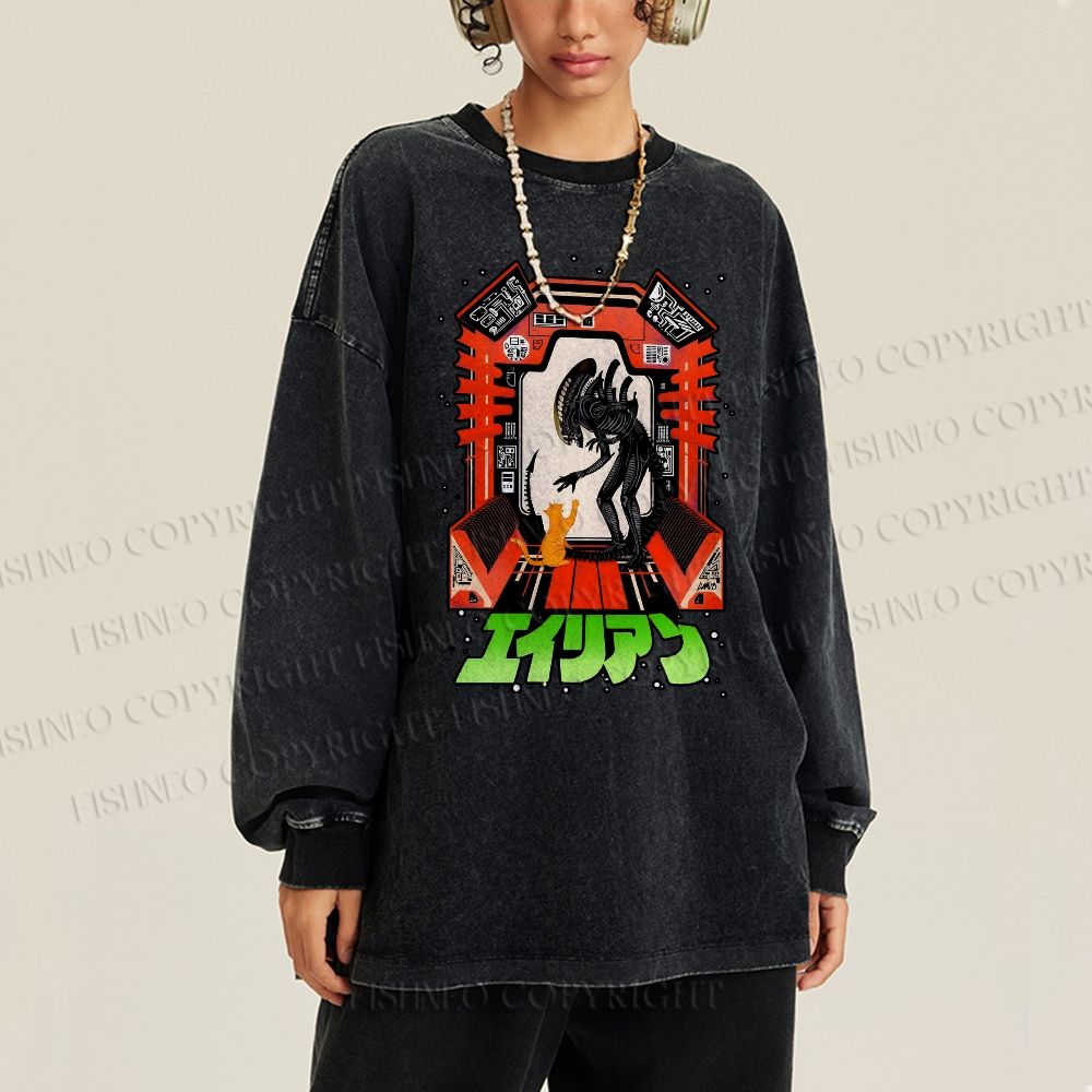 Unisex Casual Washed Japanese Monster In Space Printed Long Sleeve T-shirt