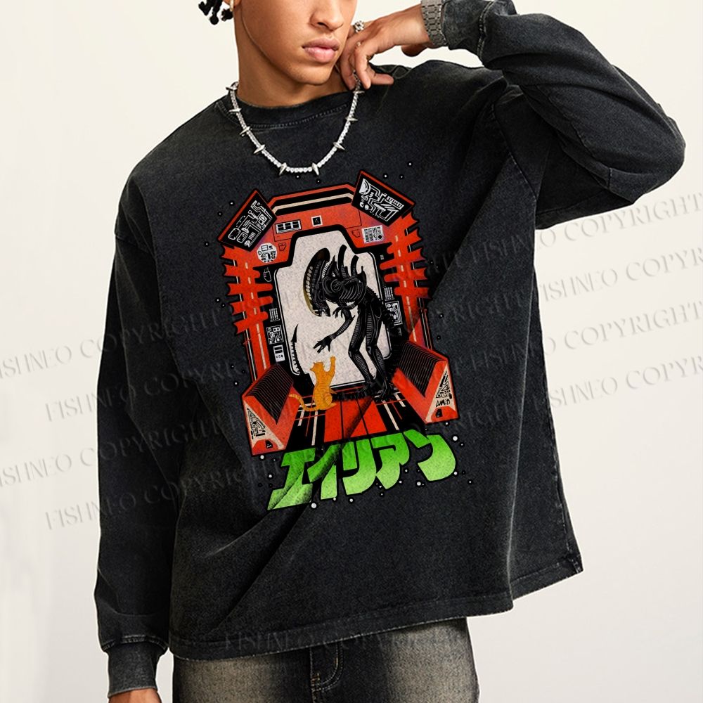 Unisex Casual Washed Japanese Monster In Space Printed Long Sleeve T-shirt