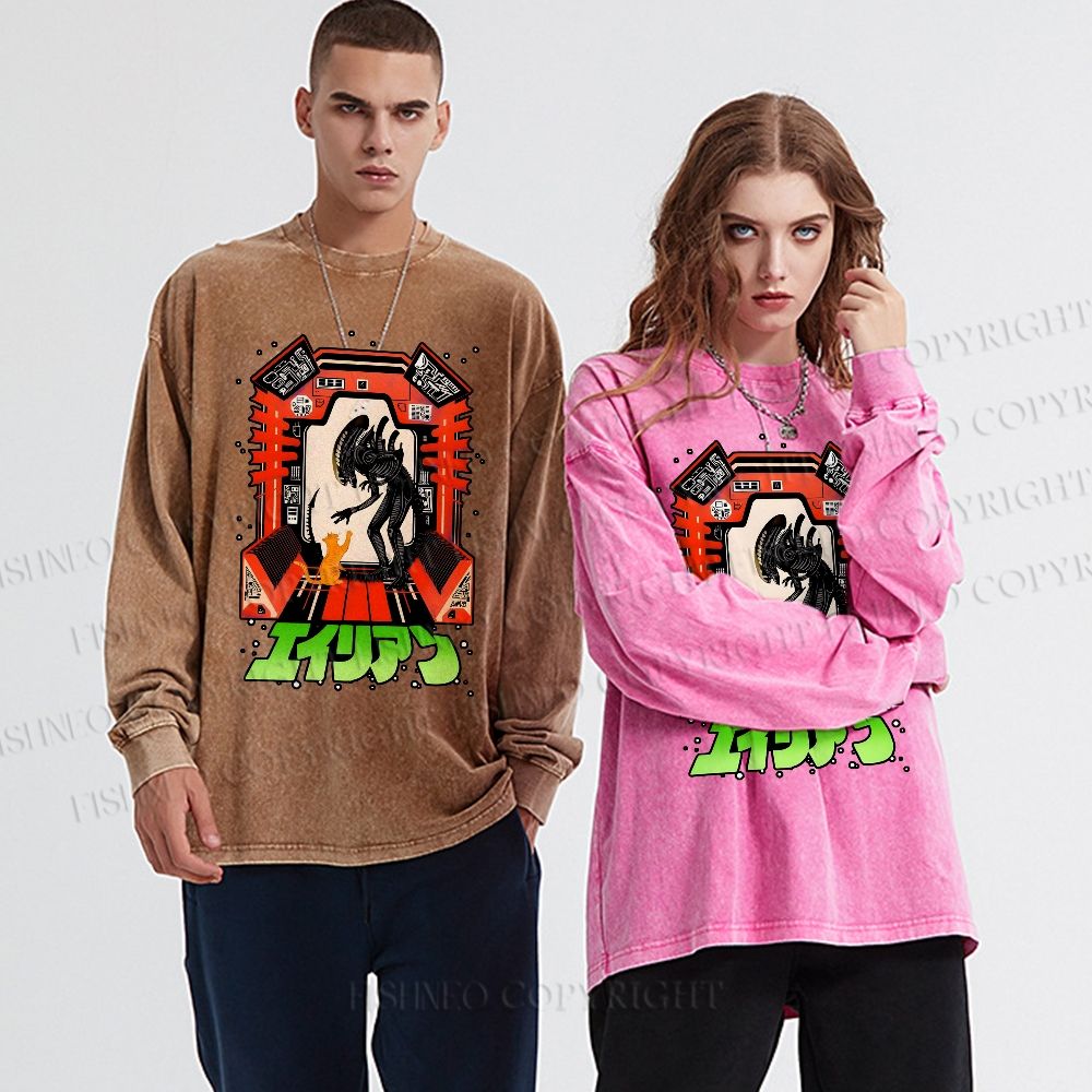 Unisex Casual Washed Japanese Monster In Space Printed Long Sleeve T-shirt
