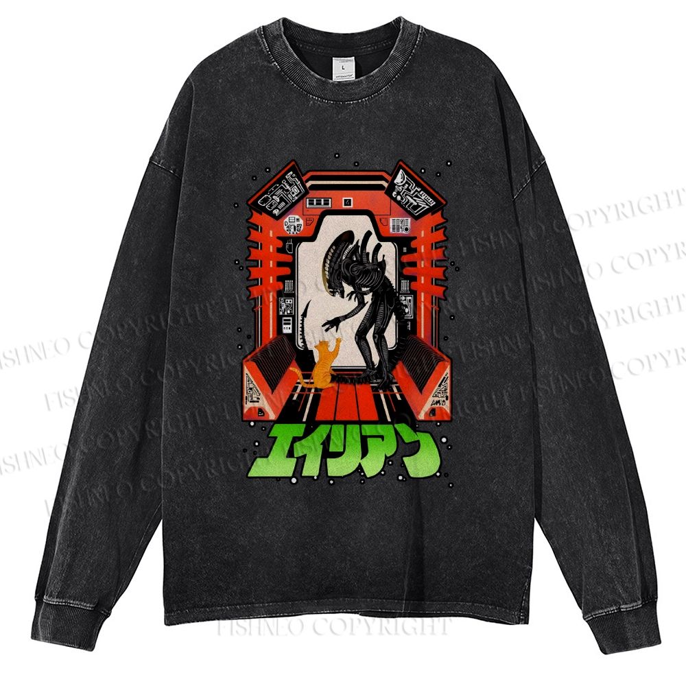 Unisex Casual Washed Japanese Monster In Space Printed Long Sleeve T-shirt