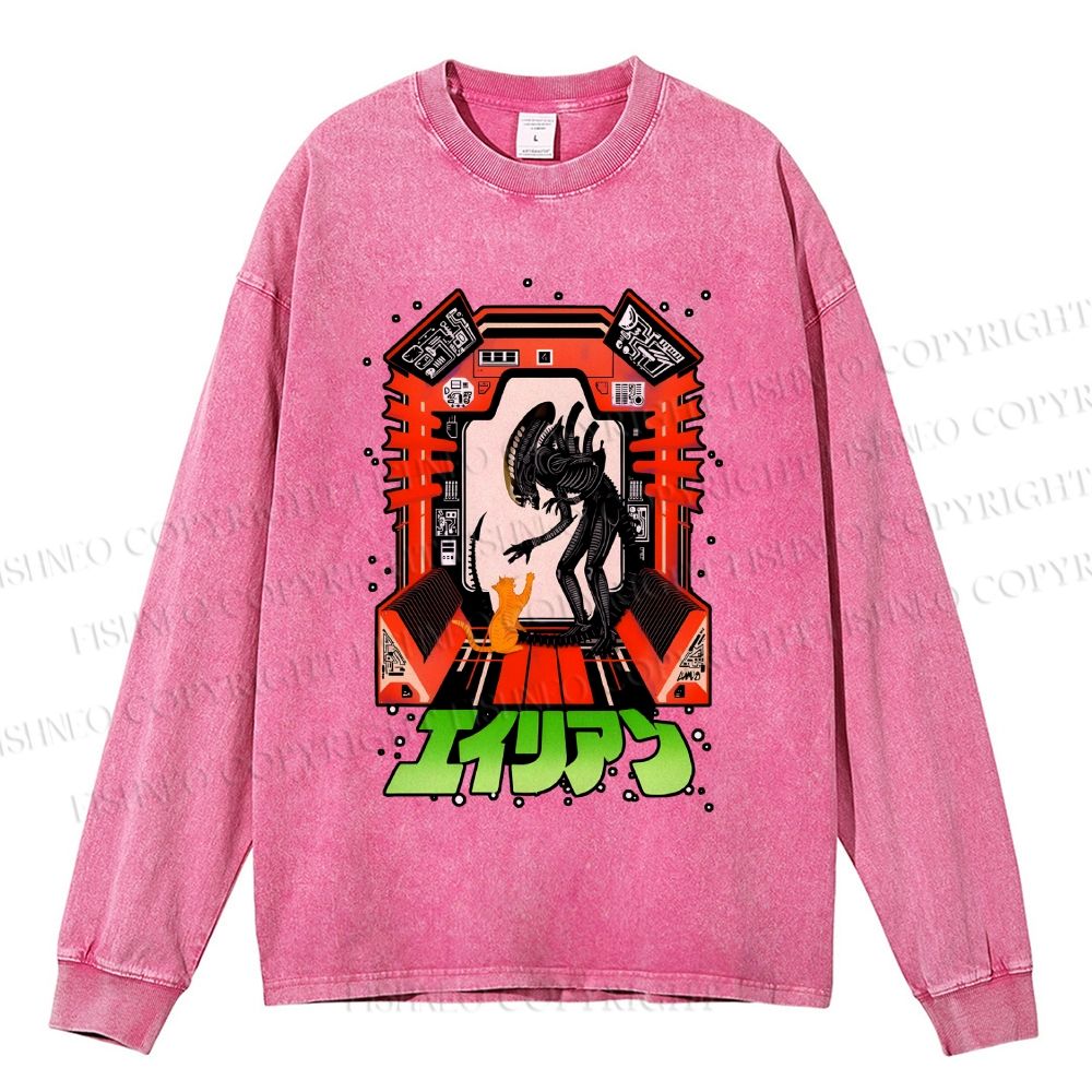 Unisex Casual Washed Japanese Monster In Space Printed Long Sleeve T-shirt