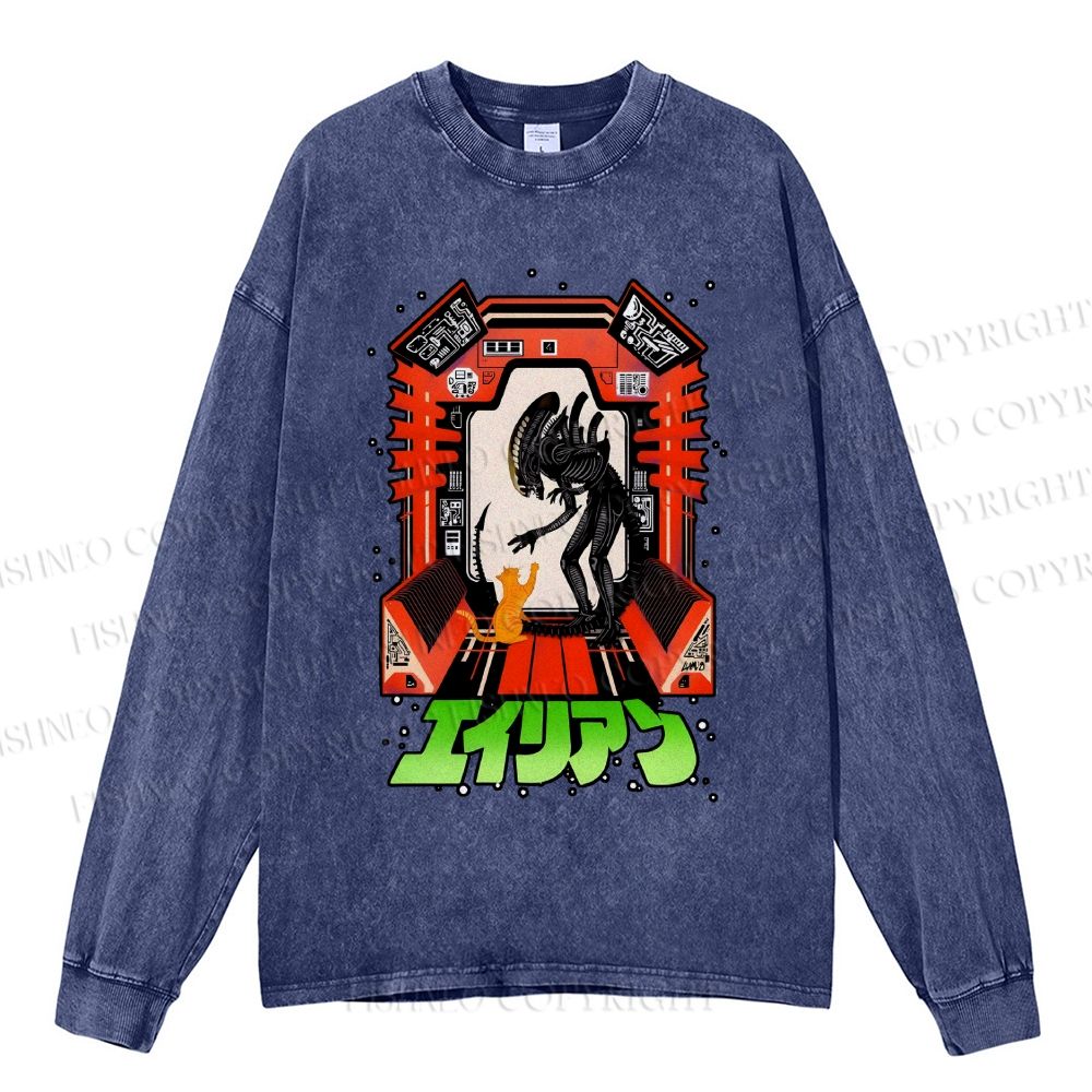 Unisex Casual Washed Japanese Monster In Space Printed Long Sleeve T-shirt