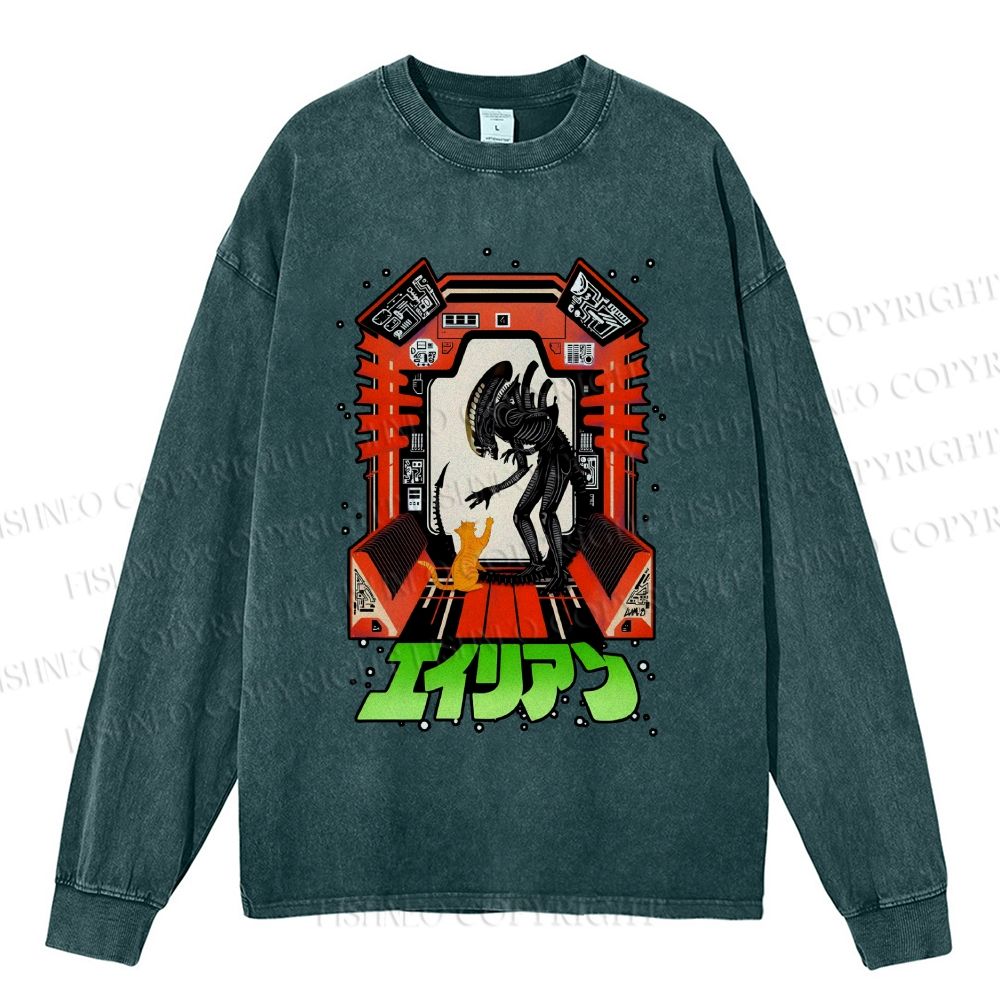 Unisex Casual Washed Japanese Monster In Space Printed Long Sleeve T-shirt