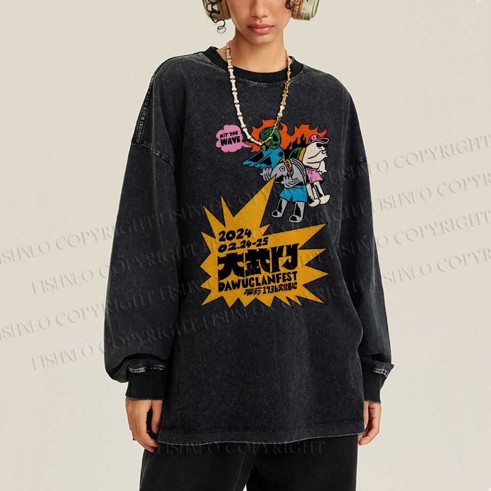 Unisex Casual Washed Vintage Japanese Graffiti Printed Long Sleeve T-shirt