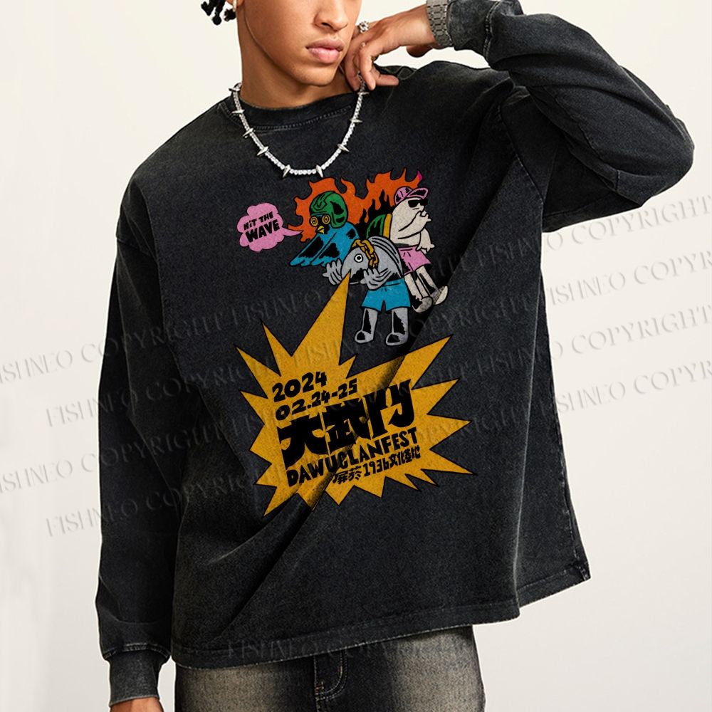 Unisex Casual Washed Vintage Japanese Graffiti Printed Long Sleeve T-shirt