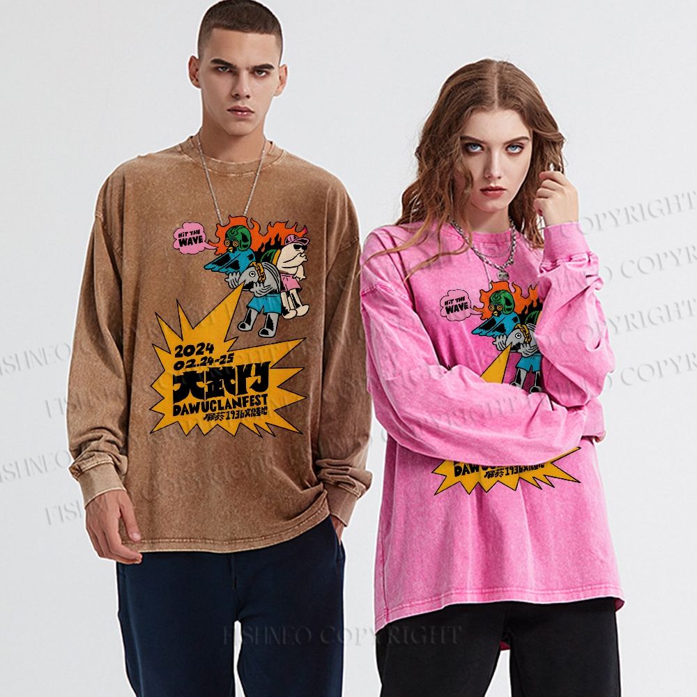 Unisex Casual Washed Vintage Japanese Graffiti Printed Long Sleeve T-shirt