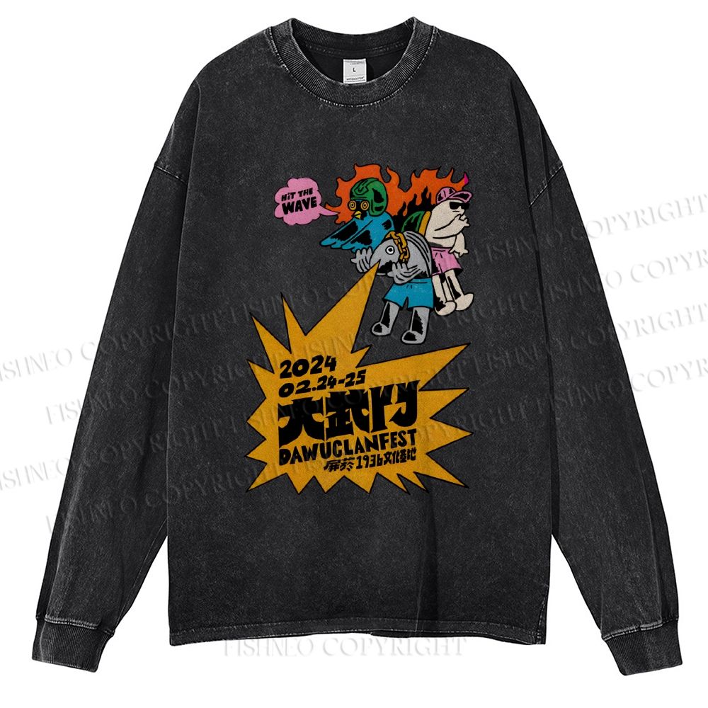 Unisex Casual Washed Vintage Japanese Graffiti Printed Long Sleeve T-shirt