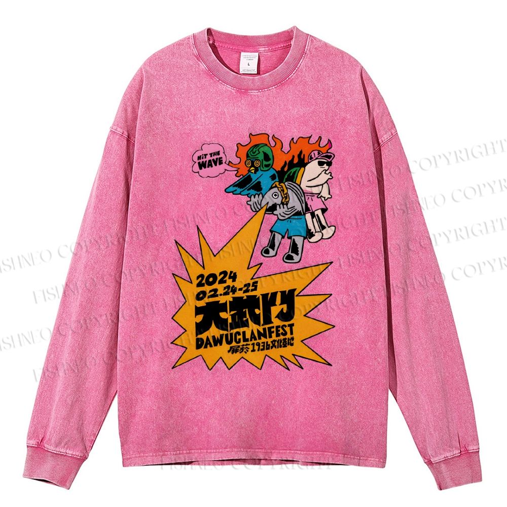 Unisex Casual Washed Vintage Japanese Graffiti Printed Long Sleeve T-shirt