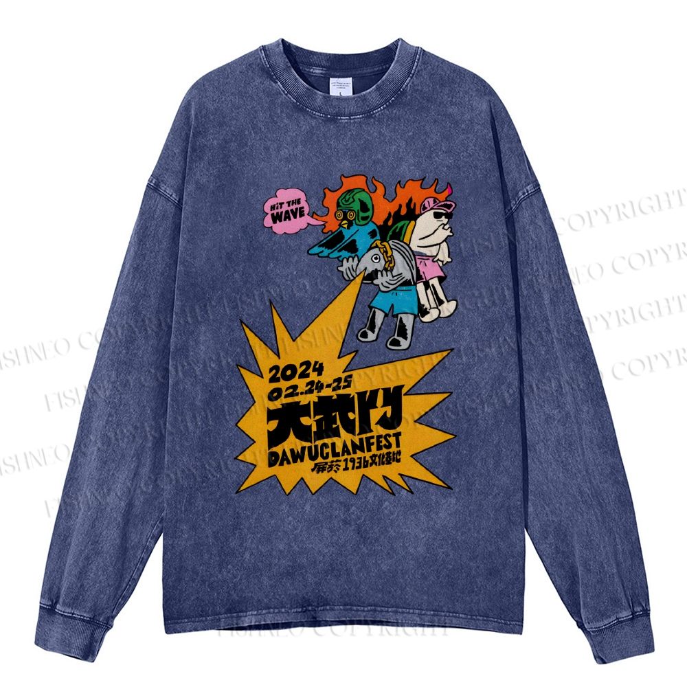 Unisex Casual Washed Vintage Japanese Graffiti Printed Long Sleeve T-shirt
