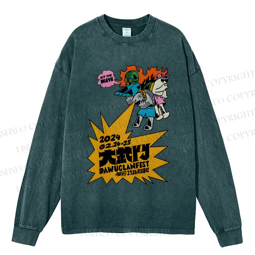 Unisex Casual Washed Vintage Japanese Graffiti Printed Long Sleeve T-shirt