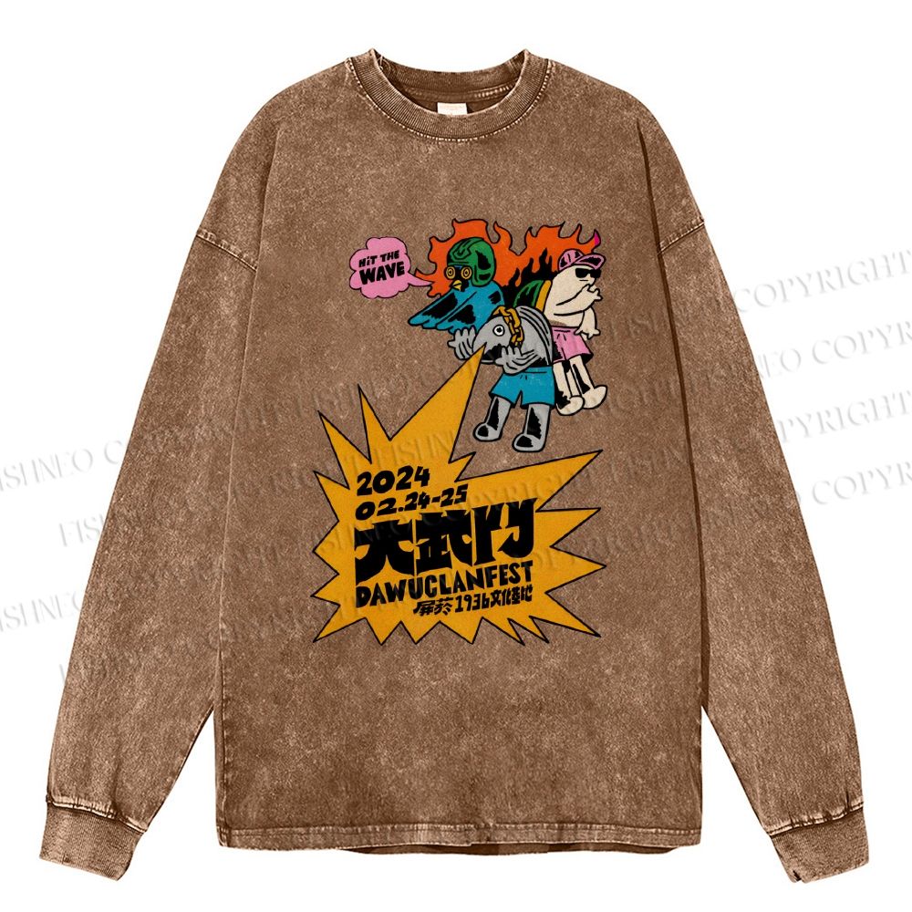 Unisex Casual Washed Vintage Japanese Graffiti Printed Long Sleeve T-shirt