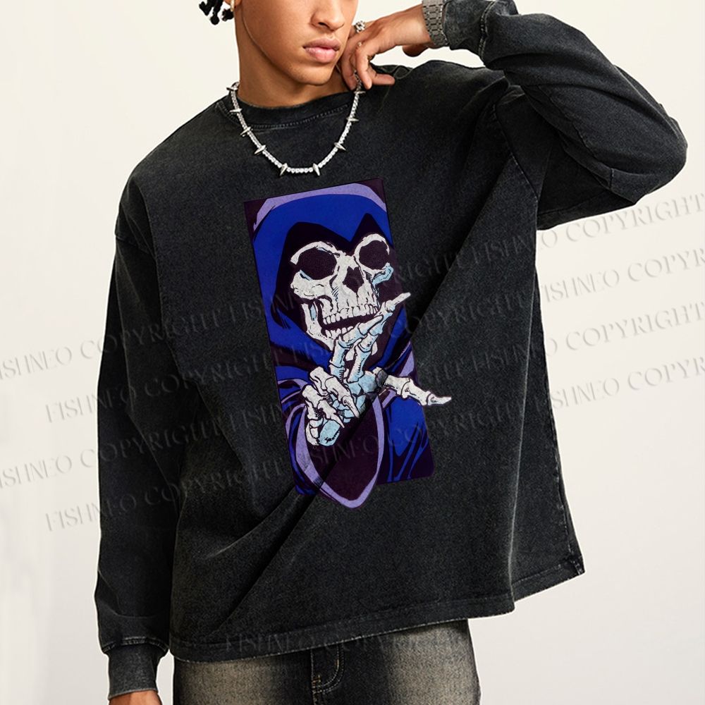 Unisex Casual Washed Vintage Skull Printed Long Sleeve T-shirt