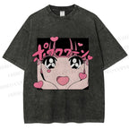 Unisex Vintage Japanese Anime Printed Washed Tee