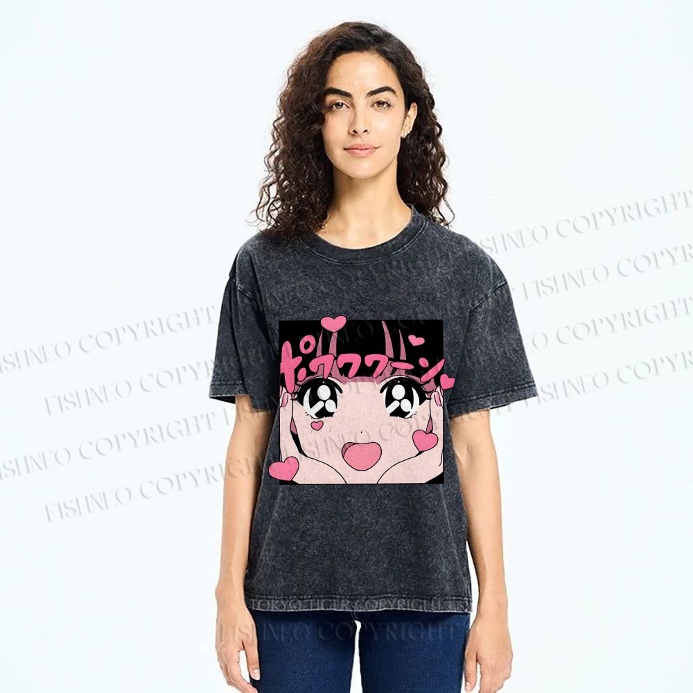 Unisex Vintage Japanese Anime Printed Washed Tee