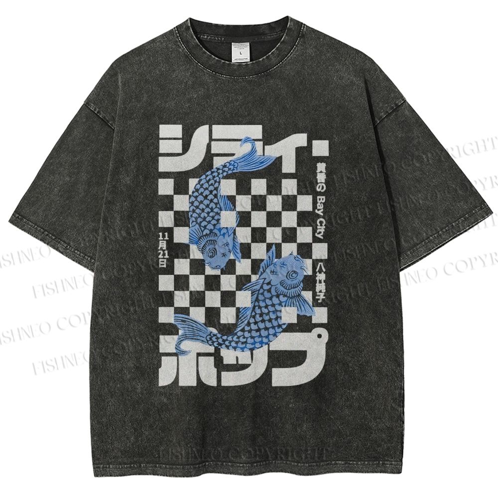 Unisex Vintage Japanese Koi Fish Printed Washed Tee