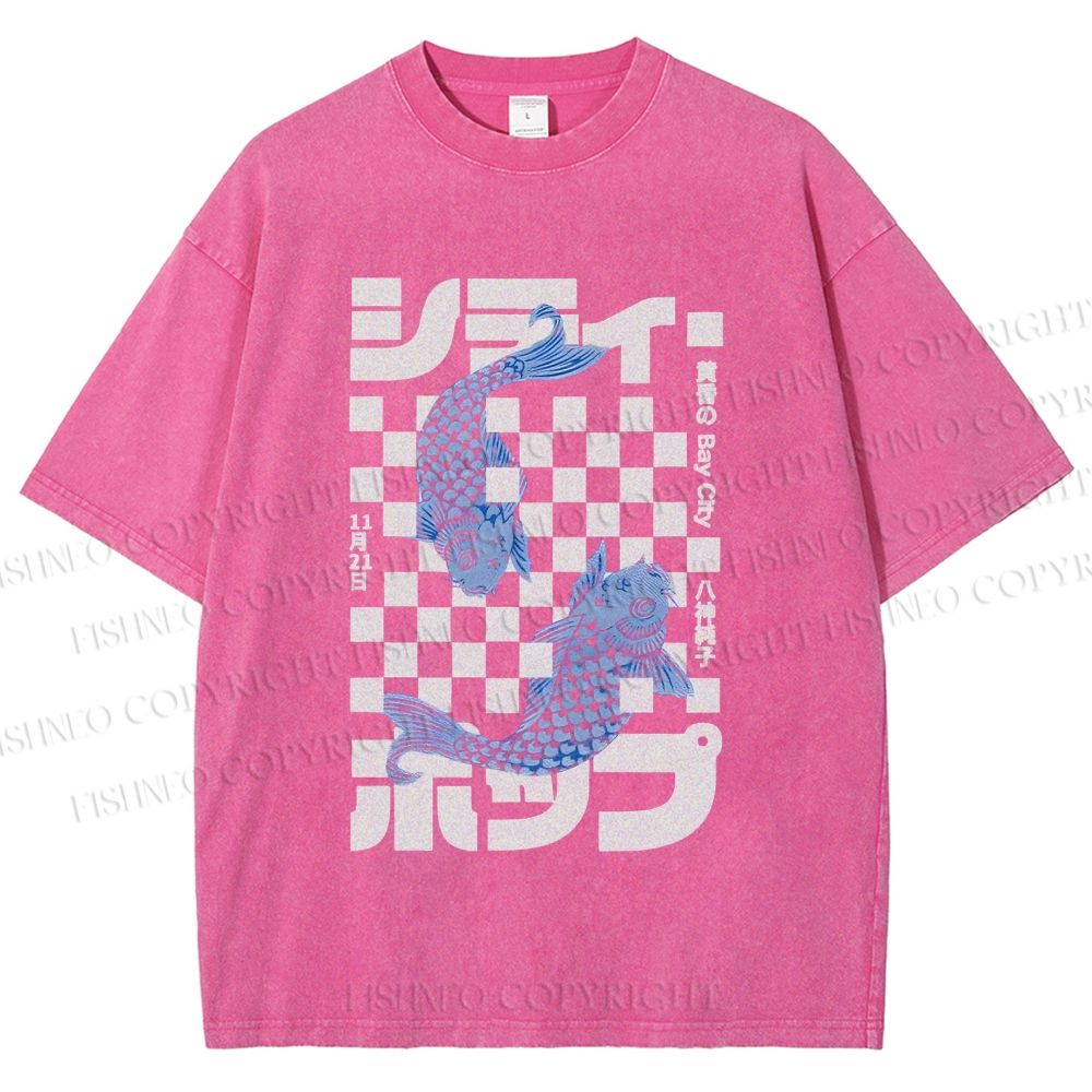 Unisex Vintage Japanese Koi Fish Printed Washed Tee