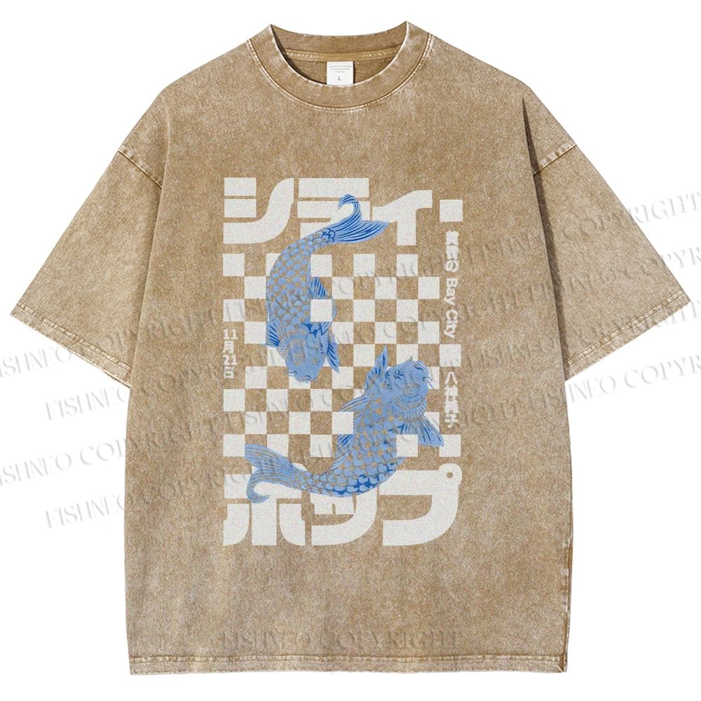 Unisex Vintage Japanese Koi Fish Printed Washed Tee