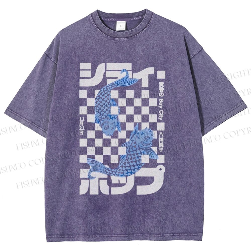 Unisex Vintage Japanese Koi Fish Printed Washed Tee