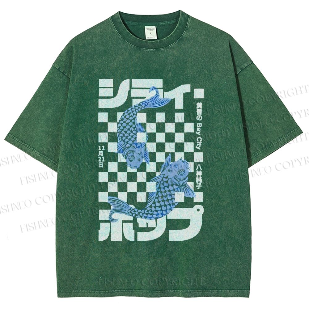 Unisex Vintage Japanese Koi Fish Printed Washed Tee