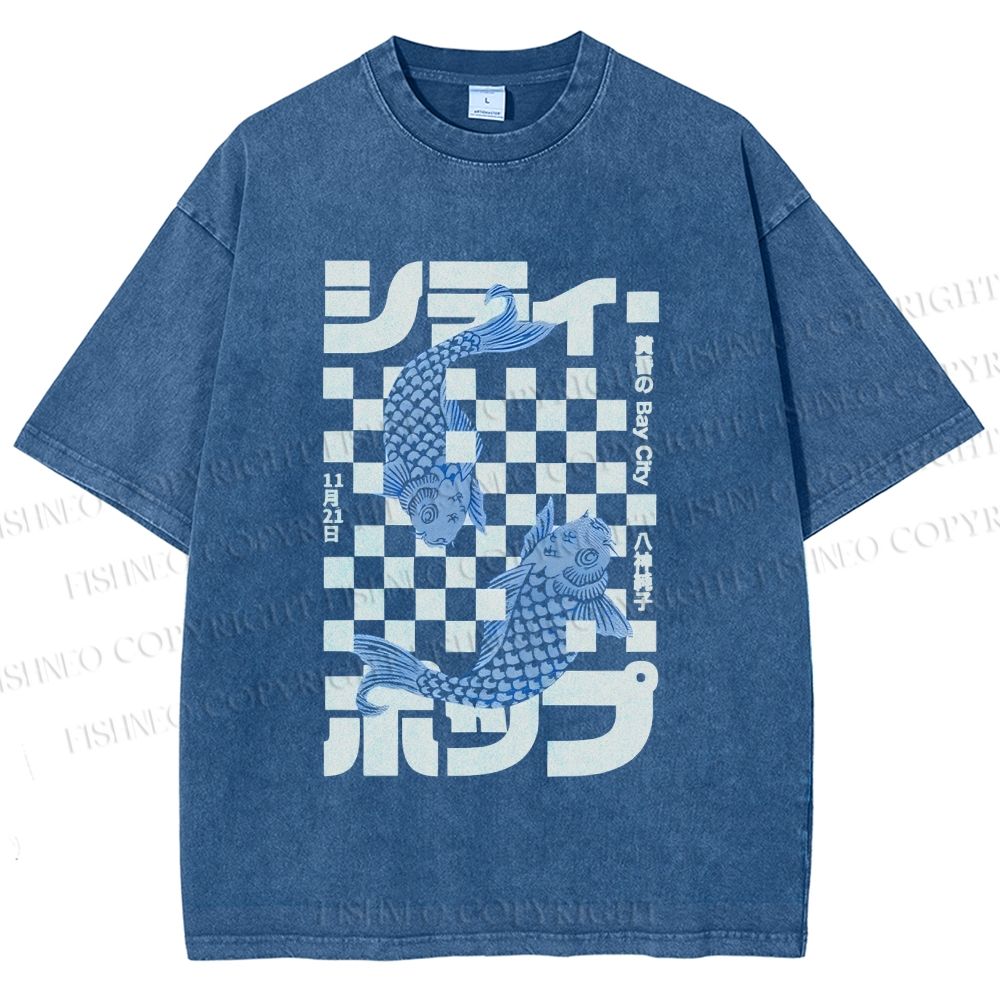 Unisex Vintage Japanese Koi Fish Printed Washed Tee