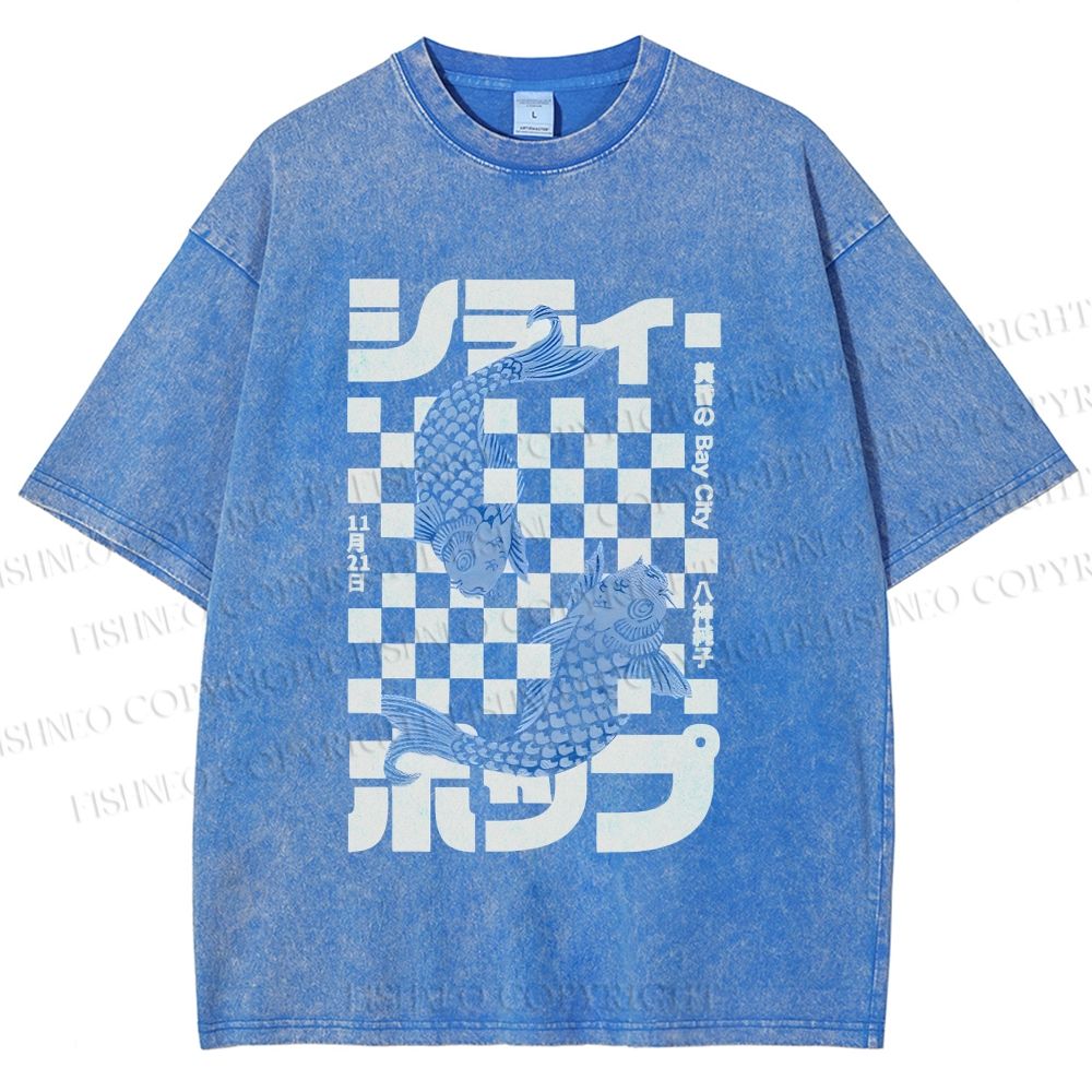 Unisex Vintage Japanese Koi Fish Printed Washed Tee