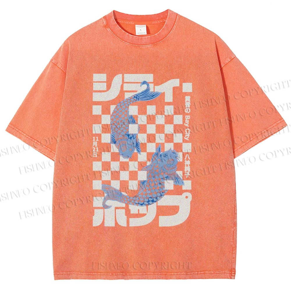 Unisex Vintage Japanese Koi Fish Printed Washed Tee
