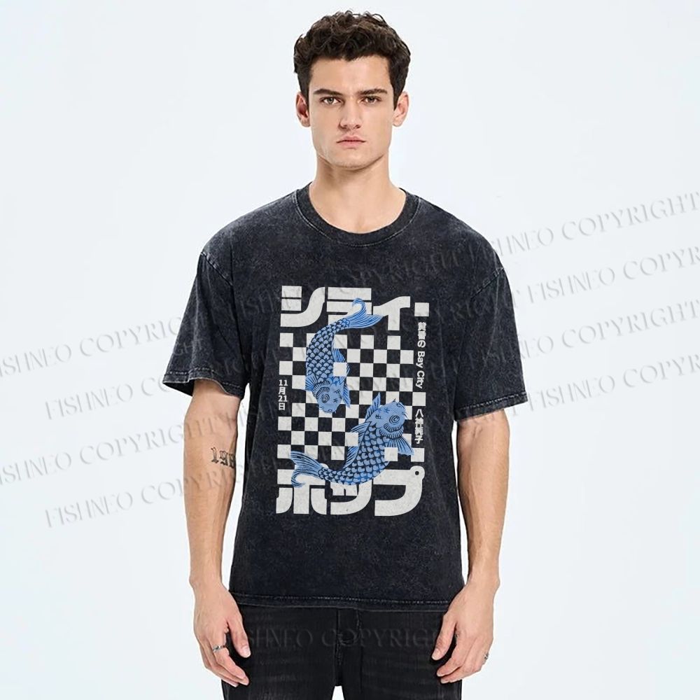 Unisex Vintage Japanese Koi Fish Printed Washed Tee