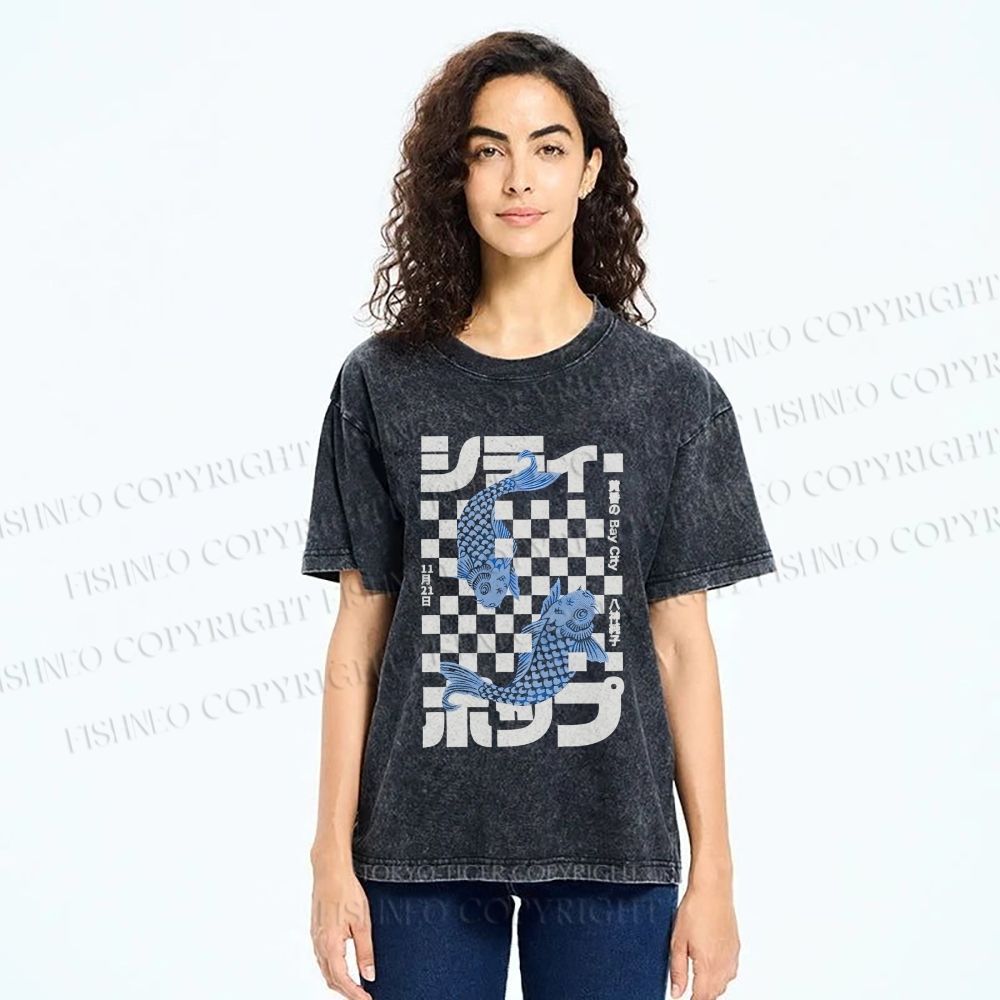 Unisex Vintage Japanese Koi Fish Printed Washed Tee