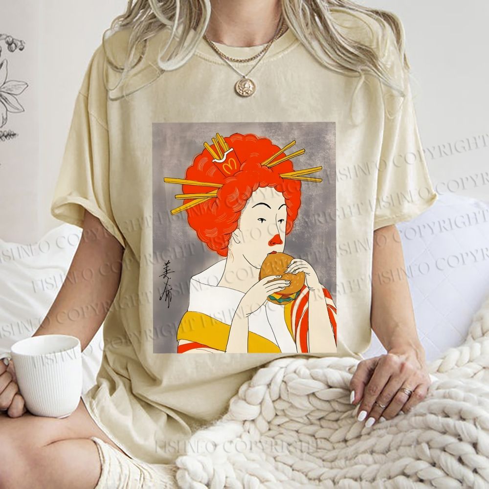 Unisex Vintage Japanese Geisha Mickey D's Printed Washed Tee