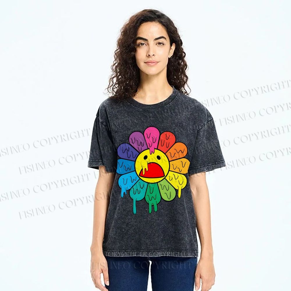 Unisex Takashi Murakami Flower Printed Washed Tee