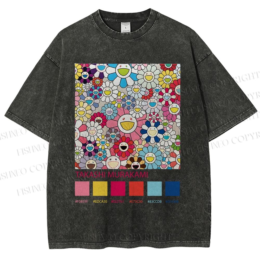 Unisex Takashi Murakami Flowers Printed Washed Tee