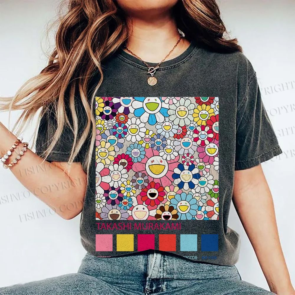 Unisex Takashi Murakami Flowers Printed Washed Tee