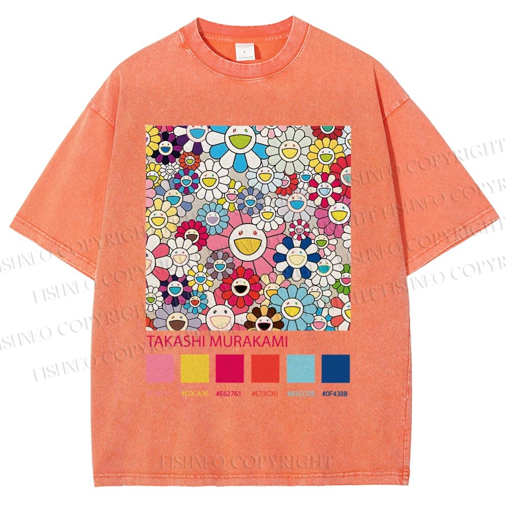 Unisex Takashi Murakami Flowers Printed Washed Tee
