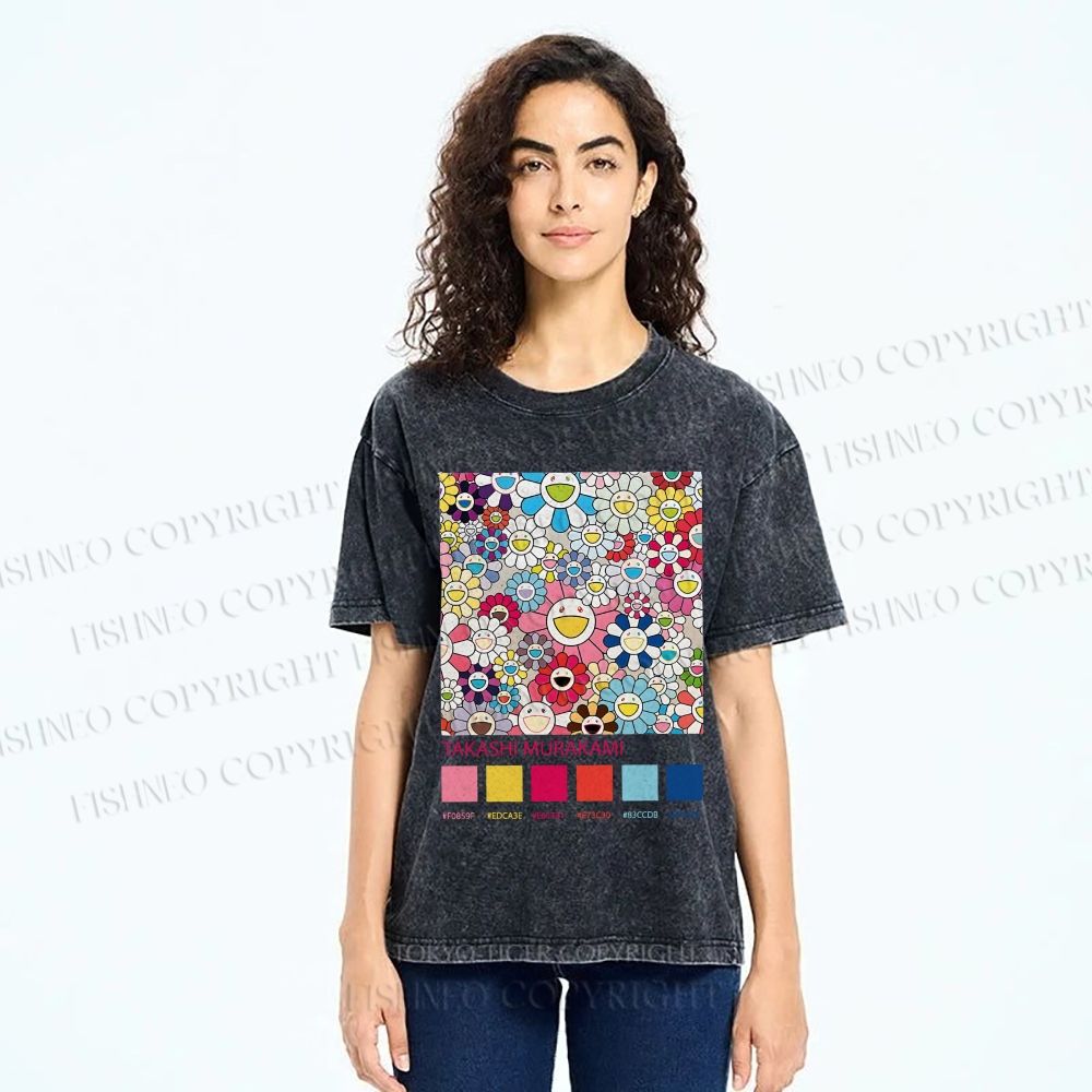 Unisex Takashi Murakami Flowers Printed Washed Tee