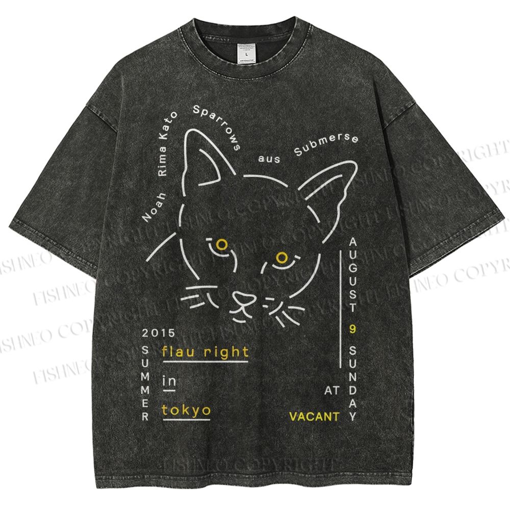 Unisex Cat Printed Washed Tee
