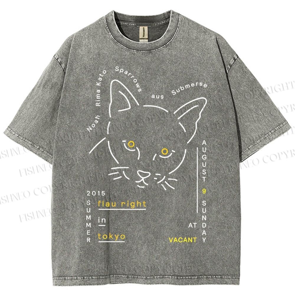 Unisex Cat Printed Washed Tee