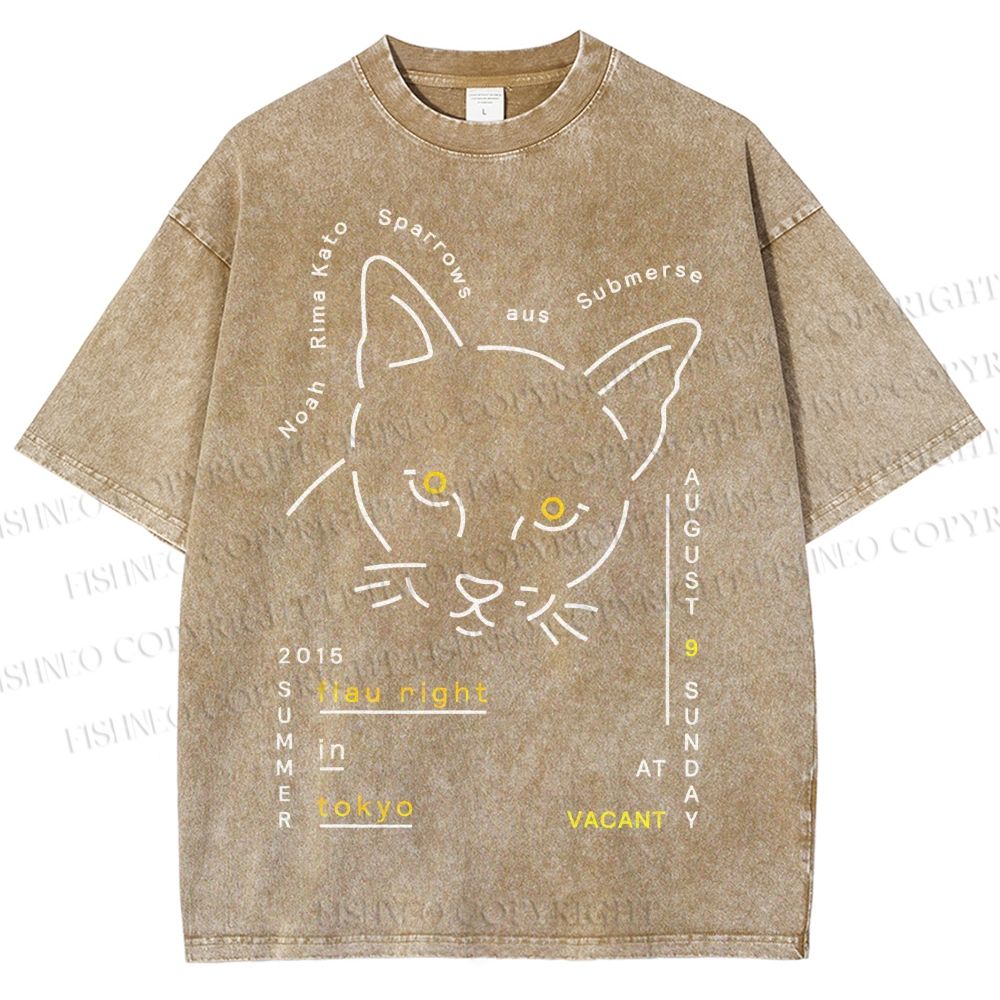 Unisex Cat Printed Washed Tee