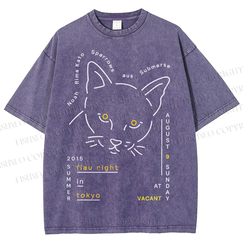 Unisex Cat Printed Washed Tee