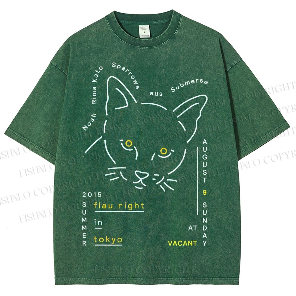 Unisex Cat Printed Washed Tee
