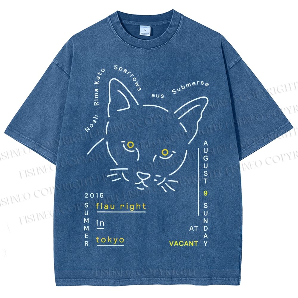 Unisex Cat Printed Washed Tee