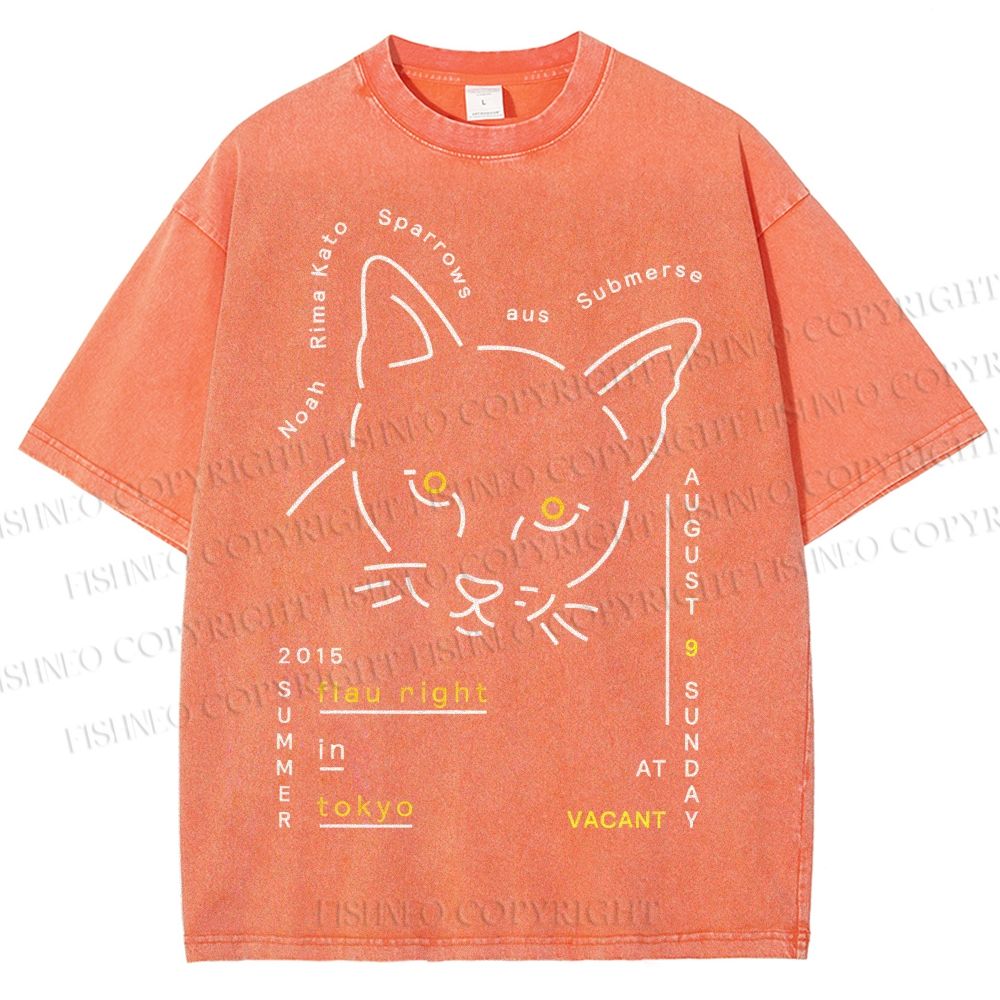 Unisex Cat Printed Washed Tee