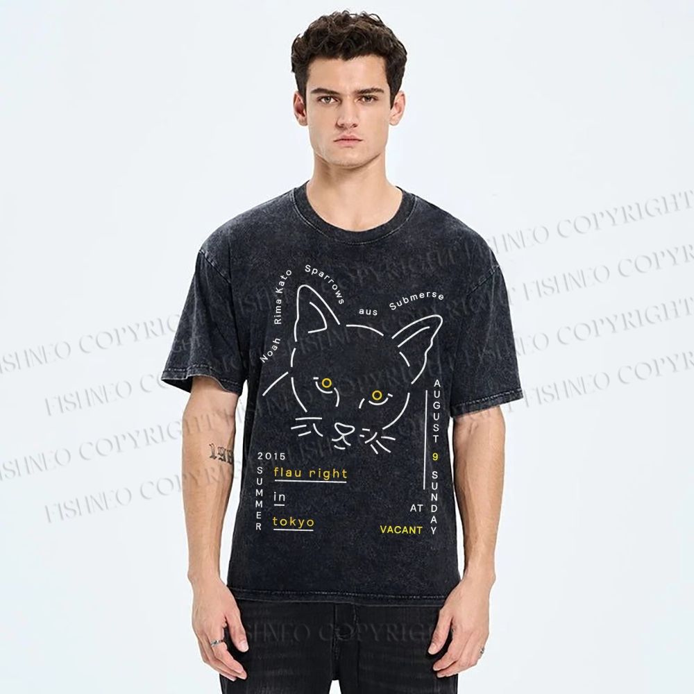 Unisex Cat Printed Washed Tee