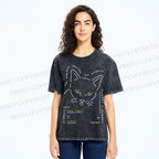 Unisex Cat Printed Washed Tee