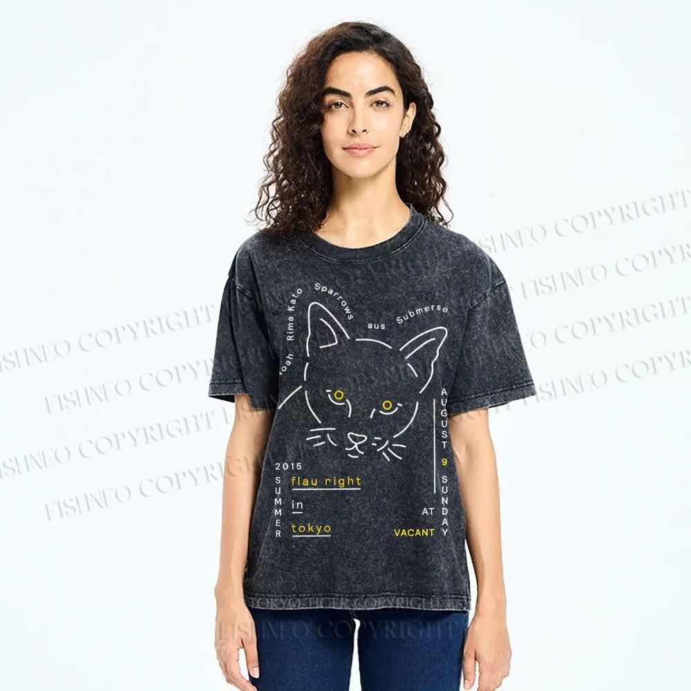 Unisex Cat Printed Washed Tee