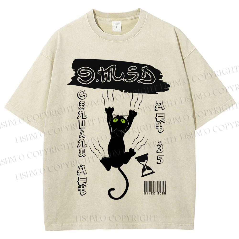 Unisex Black Cat Printed Washed Tee